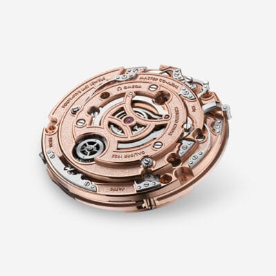 Bild eines detaillierten Uhrwerks mit komplizierten Zahnrädern, Schrauben und Komponenten, mit einem Finish aus Roségold. Der sichtbare Text enthält „Omega Master Co-Axial“ und andere Inschriften. Das Design ist präzise und unterstreicht die Handwerkskunst des Uhrwerks, perfekt für jeden Uhrenlexikon-Liebhaber.